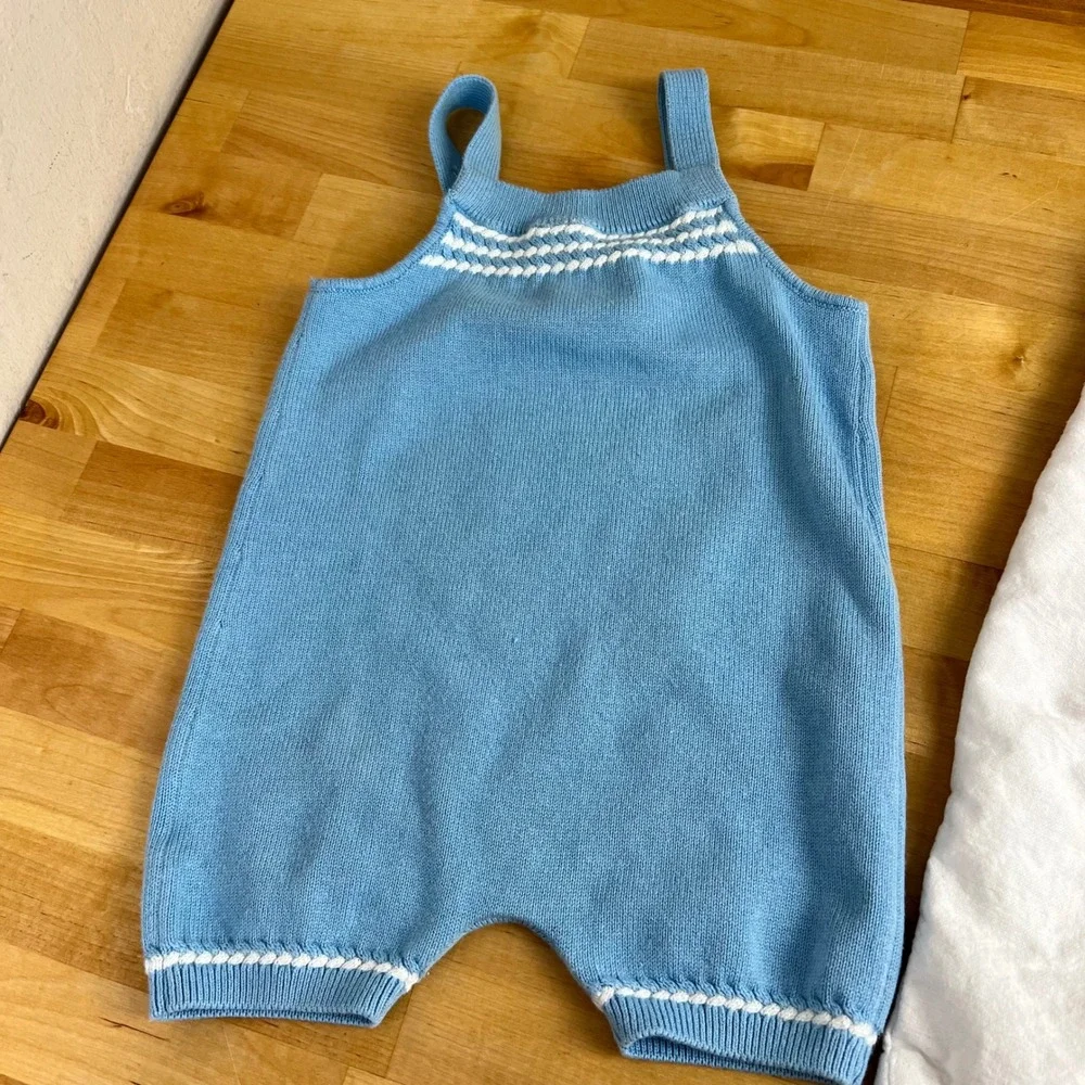 Janie and Jack Bundle Knit Romper‎ Linen Pants Baby Size 12-18 Months Blue White